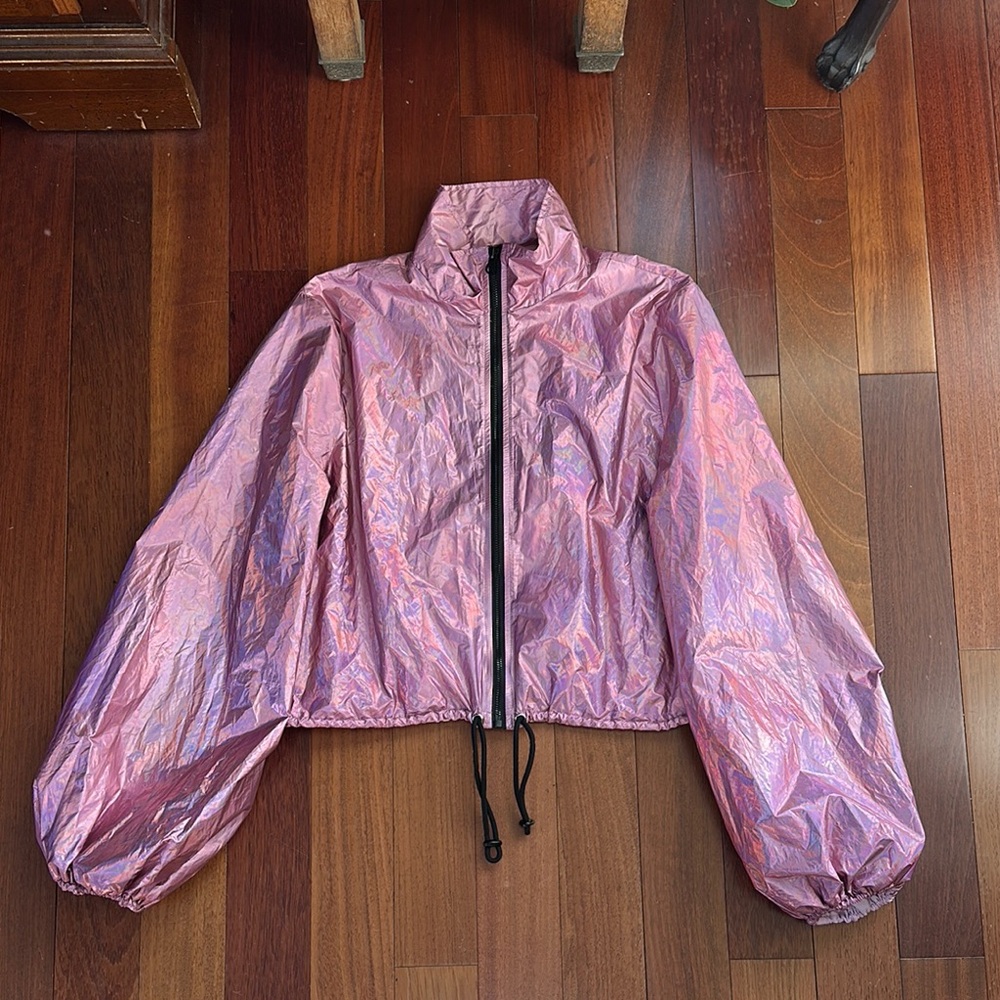 Shimmering Iridescent Pink Windbreaker Jacket Black Zipper